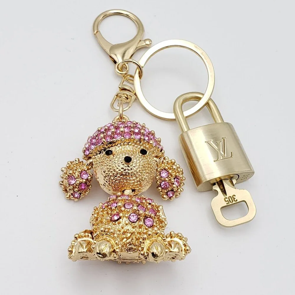 Authentic Louis Vuitton Gold Padlock & Key w/Unbranded Rhinestone Dog Keychain - Picture 7 of 8